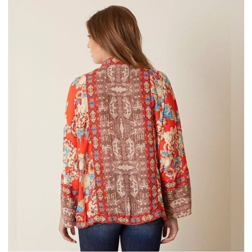 Free People floral print mix print chiffon zip front cinch tie  on hem Xs/S jack - Picture 7 of 9